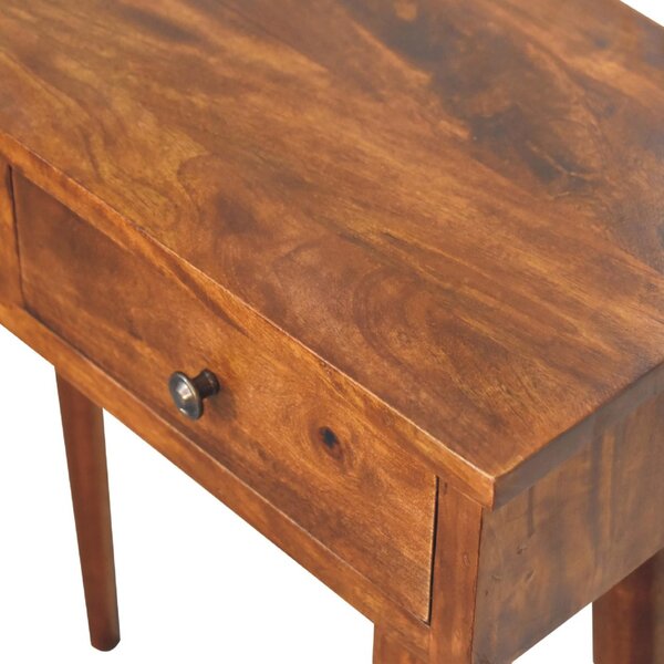 Solid Mango Wood Mini Hallway Console Table with 2 Drawers, Scandi Legs, Handcrafted Desk with Circular Design, 30L x 70W x 78H cm, Brown Aosom UK