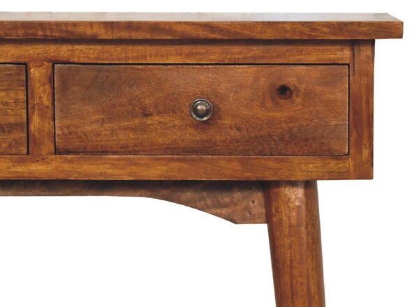 Solid Mango Wood Mini Hallway Console Table with 2 Drawers, Scandi Legs, Handcrafted Desk with Circular Design, 30L x 70W x 78H cm, Brown Aosom UK