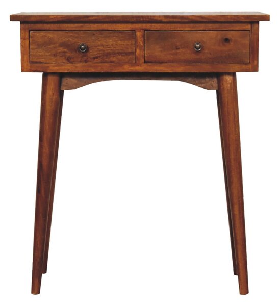Solid Mango Wood Mini Hallway Console Table with 2 Drawers, Scandi Legs, Handcrafted Desk with Circular Design, 30L x 70W x 78H cm, Brown Aosom UK