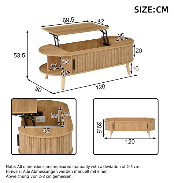 Lift-Up Oval Coffee Table with Hidden Storage and Height-Adjustable Top, Space-Saving Table for Living Areas, 120L x 50W x 39.5H cm, Wood Aosom UK