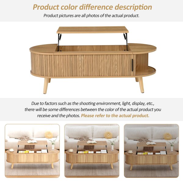 Lift-Up Oval Coffee Table with Hidden Storage and Height-Adjustable Top, Space-Saving Table for Living Areas, 120L x 50W x 39.5H cm, Wood Aosom UK