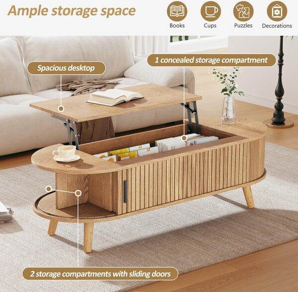 Lift-Up Oval Coffee Table with Hidden Storage and Height-Adjustable Top, Space-Saving Table for Living Areas, 120L x 50W x 39.5H cm, Wood Aosom UK
