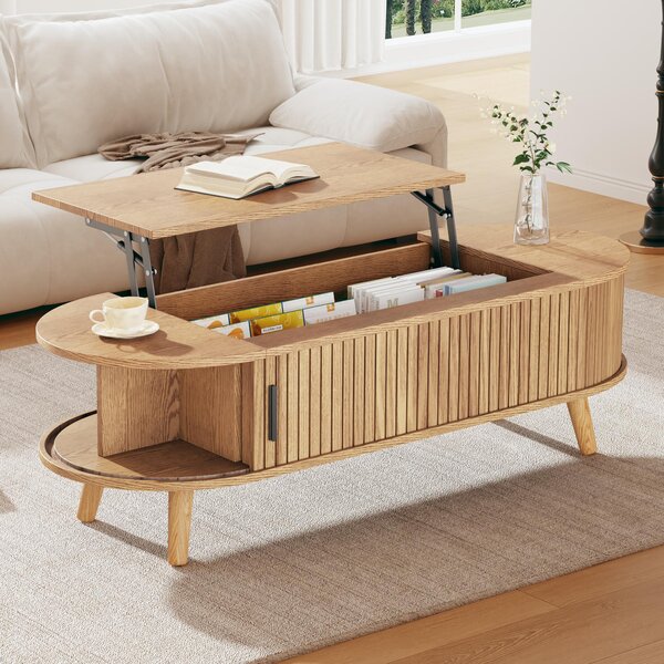 Lift-Up Oval Coffee Table with Hidden Storage and Height-Adjustable Top, Space-Saving Table for Living Areas, 120L x 50W x 39.5H cm, Wood Aosom UK