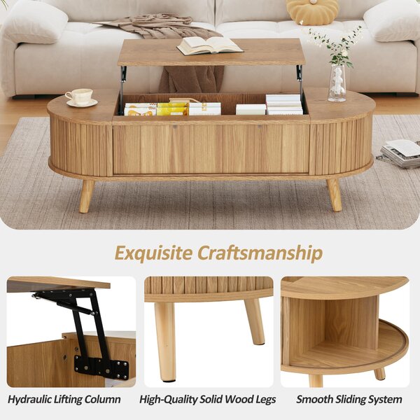 Lift-Up Oval Coffee Table with Hidden Storage and Height-Adjustable Top, Space-Saving Table for Living Areas, 120L x 50W x 39.5H cm, Wood Aosom UK