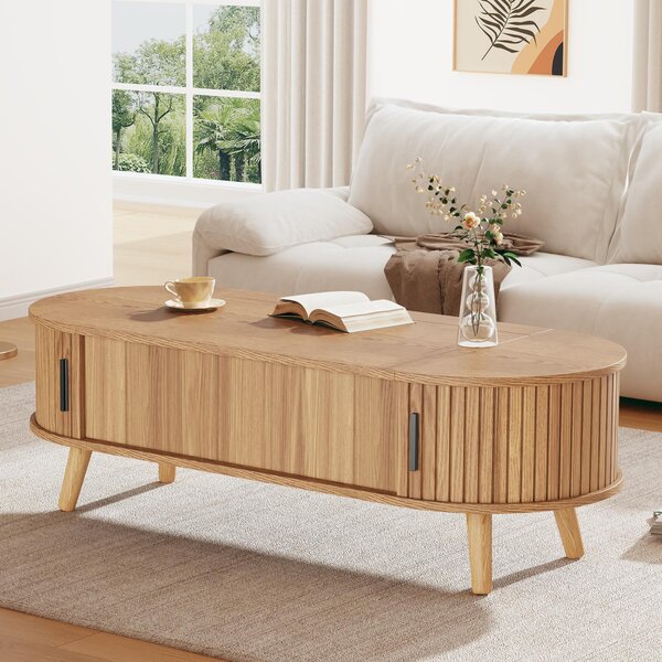 Lift-Up Oval Coffee Table with Hidden Storage and Height-Adjustable Top, Space-Saving Table for Living Areas, 120L x 50W x 39.5H cm, Wood Aosom UK