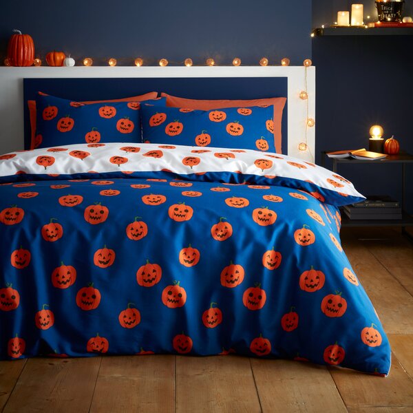 Catherine Lansfield Halloween Pumpkins Polycotton Duvet Cover and Pillowcase Set Navy (Blue)