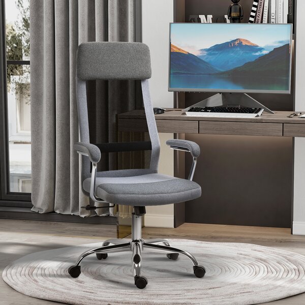 Vinsetto Linen-Feel Mesh Fabric Office Chair: High Back Swivel Desk Chair with Arms, Wheels, Grey