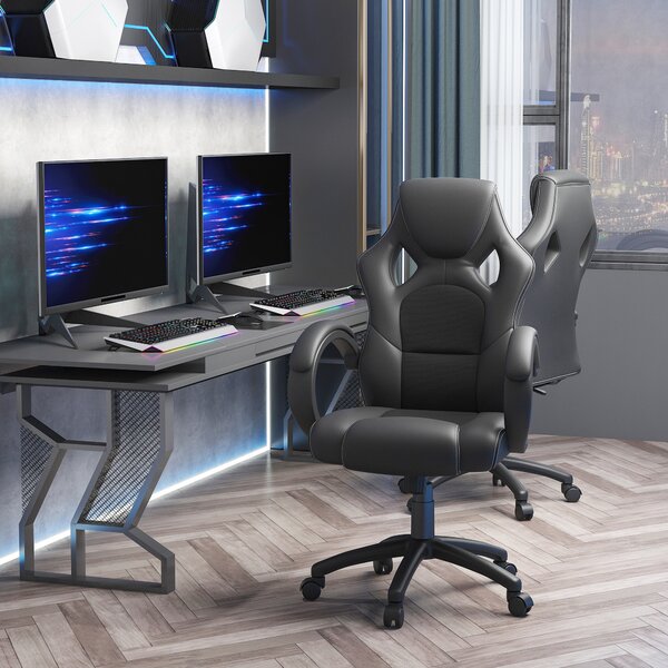 HOMCOM High-Back Gaming Chair Swivel Home Office Computer Racing Gamer Desk Chair Faux Leather with Wheels, Black