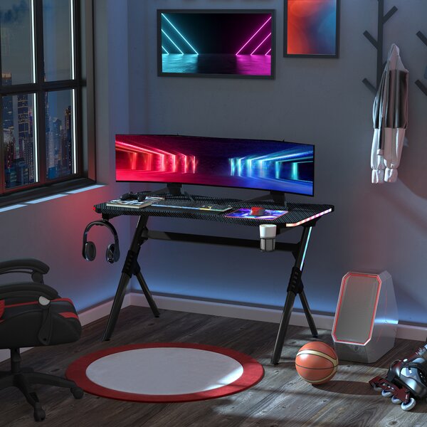 HOMCOM Gaming Desk Gaming Table with RGB LED Lights Racing Style Cup Holder, Cable Management, Black