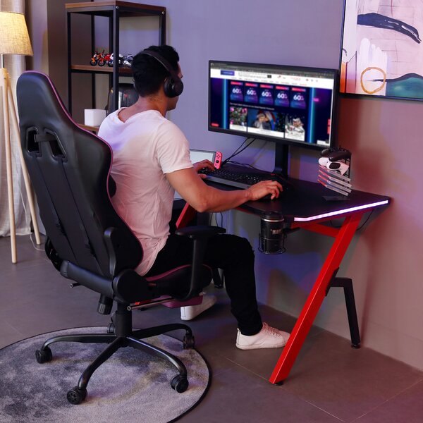 HOMCOM Gaming Desk Racing Style Home Office Ergonomic Computer Table Workstation with RGB LED Lights, Hook, Cup Holder, Controller Rack Black Red