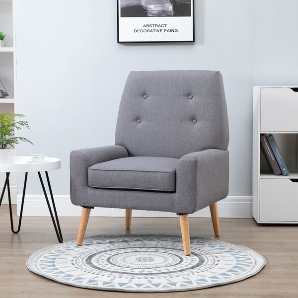 HOMCOM Nordic Single Cushion Padded Chair Wooden Armchair Button Tufted Seat Sponge Scandinavian Living Room Bedroom