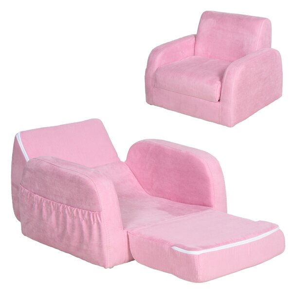 HOMCOM Kids 2 In 1 Armchair Sofa Bed, Fold Out, Padded Wood Frame, Bedroom Furniture, Pink