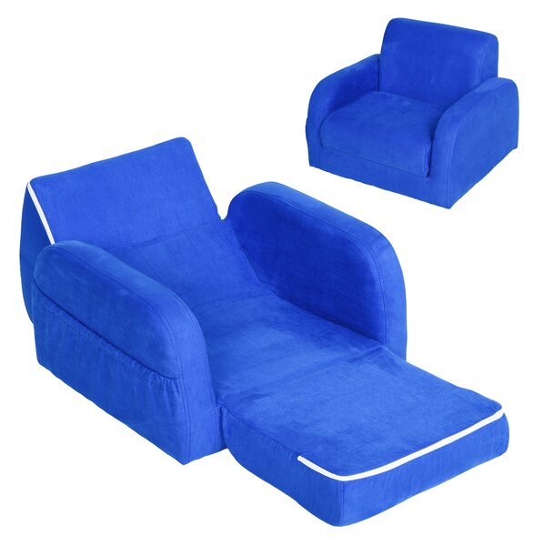 HOMCOM 2 In 1 Kids Children Sofa Chair Bed Folding Couch Soft Flannel Foam Toddler Furniture for Playroom Bedroom Living Room Blue