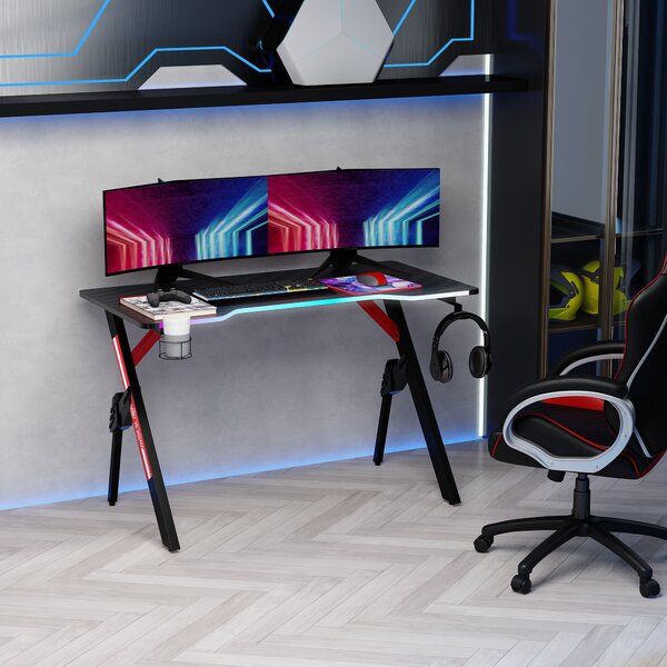HOMCOM 1.2m Gaming Desk w/RGB Light Steel Frame Racing Style Computer Table w/Cup Holder Headphone Cable Management - Black