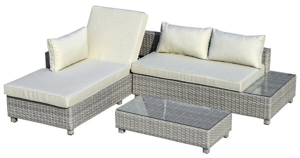 Outsunny 3 Pieces Outdoor PE Rattan Furniture Set, with Chaise Lounge, Sofa and Table, 4-Level Adjust Backrest Chaise Lounge, Mixed Grey Aosom UK