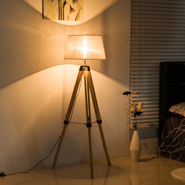 HOMCOM Tripod Floor Lamp Wooden Adjustable Modern Illumination Design E27 Bulb Compatible (Cream Shade) 99-143H