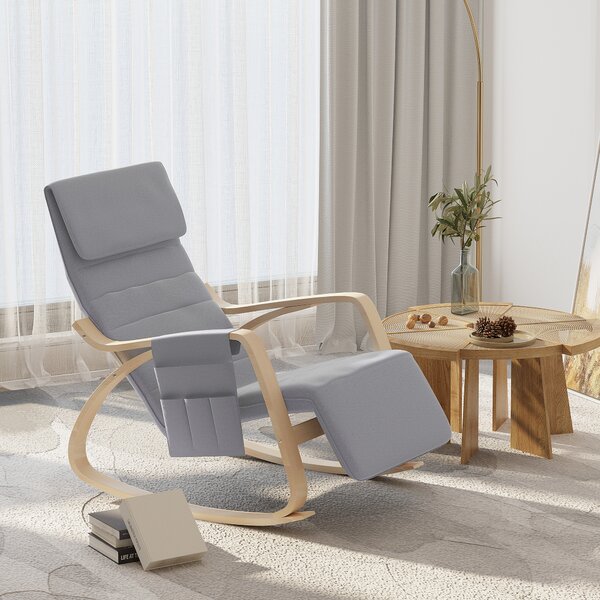 HOMCOM Wooden Rocker Rocking Lounge Chair Recliner Relaxation Lounging Relaxing Seat with Adjustable Footrest & Side Pocket & Cushion (Light gray)