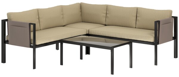 Outsunny 4 Piece Metal Garden Furniture Set with Tempered Glass Coffee Table, Breathable Mesh Pocket, Outdoor Conversational Corner Sofa Loveseat with Padded Cushions, Khaki