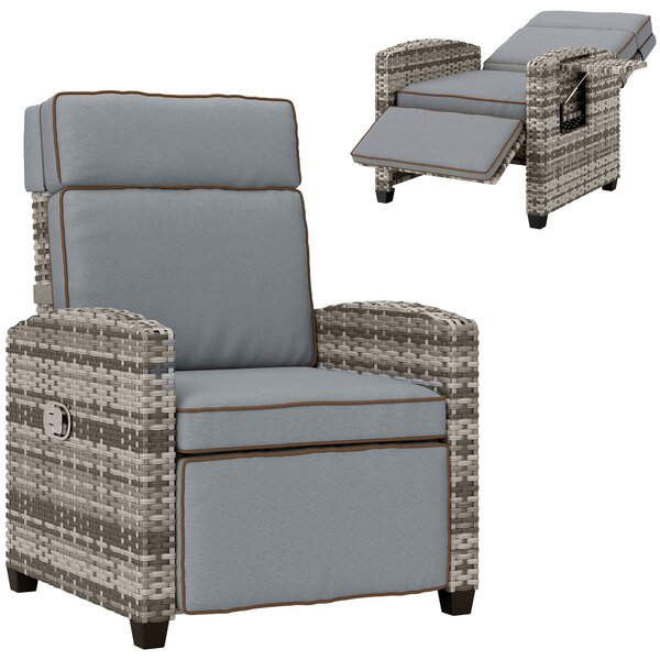 Outsunny Rattan Garden Recliner Chair, Adjustable Backrest Reclining Rattan Chair with Flip Table, Cushion and Footrest, Indoor Outdoor Lounge Reclining Sun Lounger for Patio, Mixed Grey/Grey