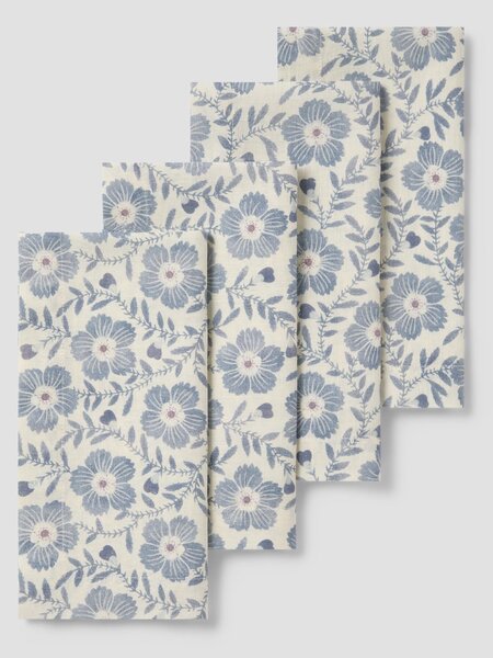 Dusk Blue Folk Floral Linen Blend Napkins Set of 4 | 45 x 45cm | Piglet in Bed
