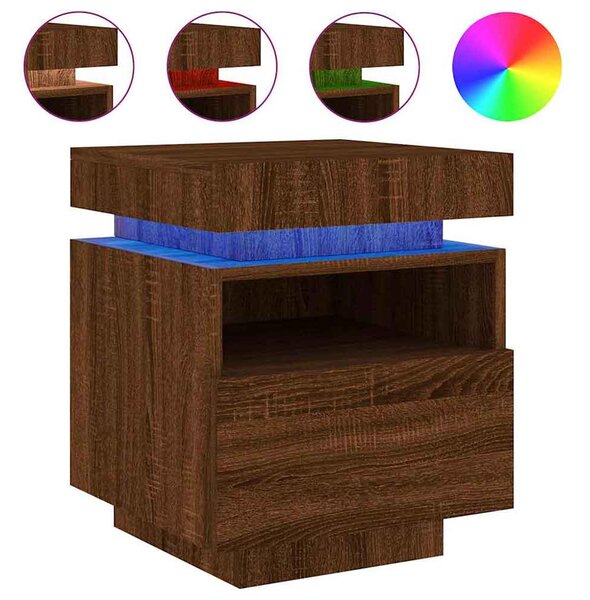Syracuse Wooden Bedside Cabinet With 1 Drawer And LED - Brown Oak