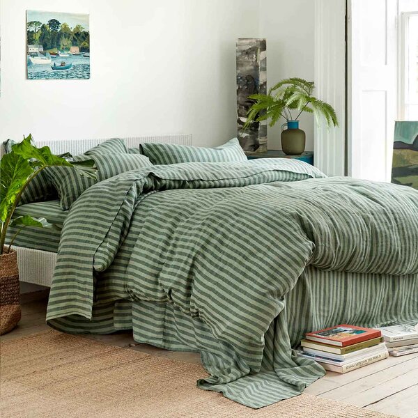 Piglet Pine Green Pembroke Stripe Linen Duvet Cover Size Super King | 100% European Linen