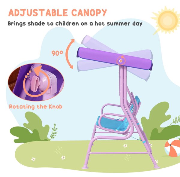 Outsunny 4PCs Kids Garden Furniture Set w/ 2 Seater Garden Swing Chair w/ Adjustable Canopy, Table and Chair Set w/ Parasol, for Toddler