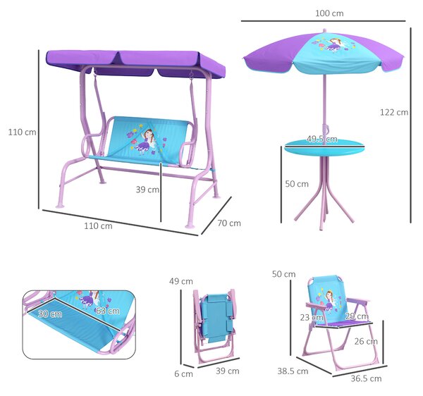 Outsunny 4PCs Kids Garden Furniture Set w/ 2 Seater Garden Swing Chair w/ Adjustable Canopy, Table and Chair Set w/ Parasol, for Toddler