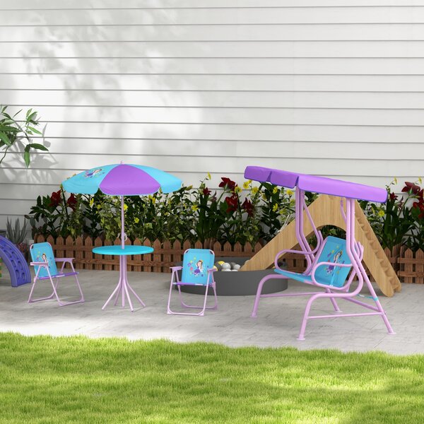 Outsunny 4PCs Kids Garden Furniture Set w/ 2 Seater Garden Swing Chair w/ Adjustable Canopy, Table and Chair Set w/ Parasol, for Toddler