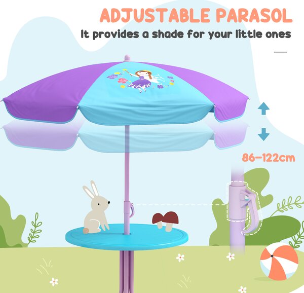 Outsunny 4PCs Kids Garden Furniture Set w/ 2 Seater Garden Swing Chair w/ Adjustable Canopy, Table and Chair Set w/ Parasol, for Toddler