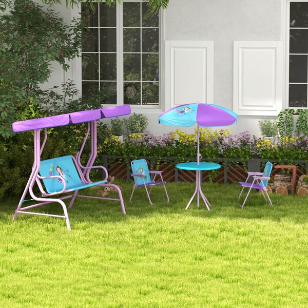 Outsunny 4PCs Kids Garden Furniture Set w/ 2 Seater Garden Swing Chair w/ Adjustable Canopy, Table and Chair Set w/ Parasol, for Toddler