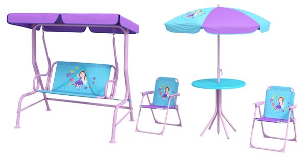 Outsunny 4PCs Kids Garden Furniture Set w/ 2 Seater Garden Swing Chair w/ Adjustable Canopy, Table and Chair Set w/ Parasol, for Toddler