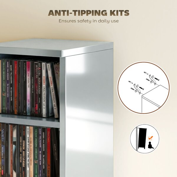 HOMCOM Set of 2 CD Media Display Shelf Unit Tower Rack with Adjustable Shelves, High Gloss Grey