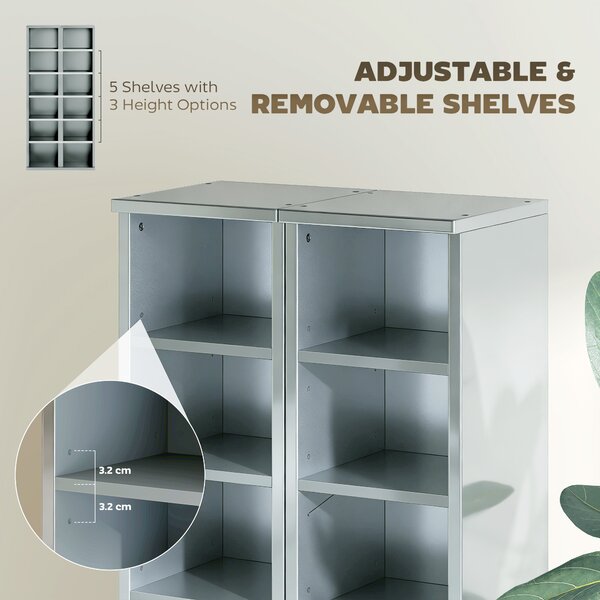 HOMCOM Set of 2 CD Media Display Shelf Unit Tower Rack with Adjustable Shelves, High Gloss Grey