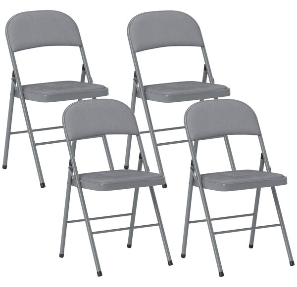 HOMCOM 4 Pack Folding Chairs with Padded Seats, Velvet Portable Party Chairs with Steel Frame, Light Grey