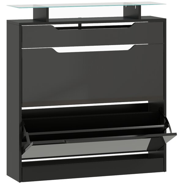 HOMCOM Shoe Storage Cabinet with Slide Out Drawer, 2 Flip Doors, Tempered Glass Top - Black