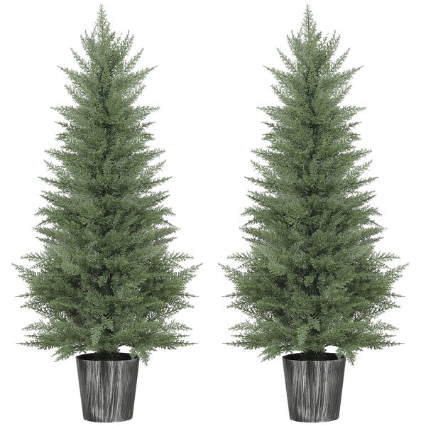 HOMCOM 135cm Artificial Cypress Trees Set of 2, UV Resistant Artificial Plants with Decorative Pot, Fake Plants for Indoor Outdoor Decor, Green