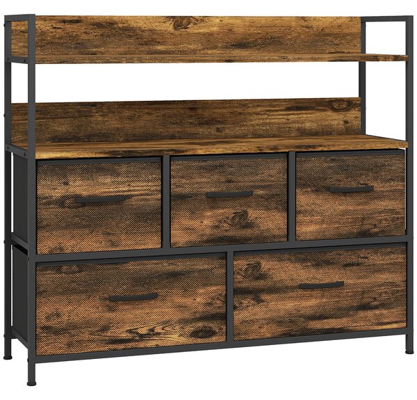 HOMCOM Rustic Chest of Five Fabric Drawers - Brown Wood Effect Aosom UK