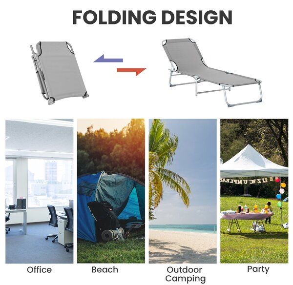 Outsunny Reclining Sun Lounger Chair Folding Camping Bed with 4-Position Adjustable Backrest, Grey
