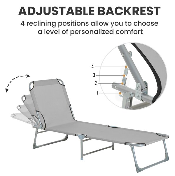 Outsunny Reclining Sun Lounger Chair Folding Camping Bed with 4-Position Adjustable Backrest, Grey