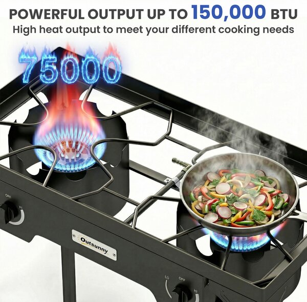 Outsunny Double Burner Camping Stove, 150,000 BTU High Pressure Camping Gas Stove with Detachable Legs, Black