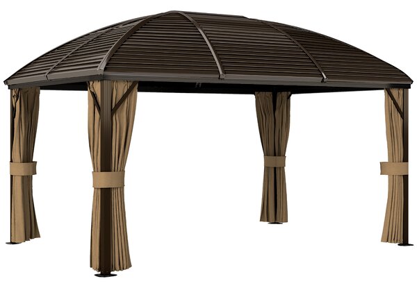 Outsunny 3 x 4m Hardtop Gazebo Canopy with Metal Roof, Aluminium Gazebo Permanent Pavilion with Netting and Curtains, Brown