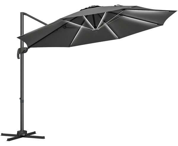 Outsunny Waterproof 3(m) Adjustable Cantilever Parasol with Base, Solar LED Lights, Dark Grey Aosom UK
