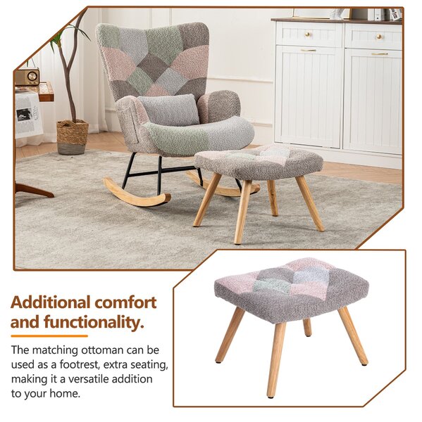Footstool Armchair Rocking Chair with Soft Pillow and Side Pocket, Wingback Accent Recliner Chair with Footrest, 68x83x91 cm, Blue+Grey Aosom.UK
