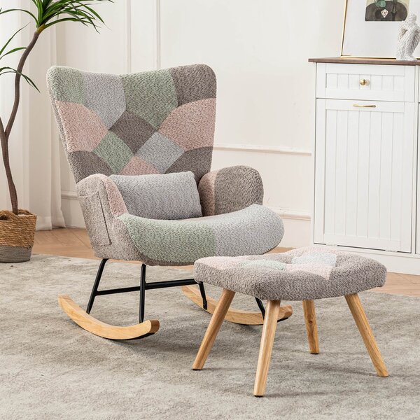 Footstool Armchair Rocking Chair with Soft Pillow and Side Pocket, Wingback Accent Recliner Chair with Footrest, 68x83x91 cm, Blue+Grey Aosom.UK