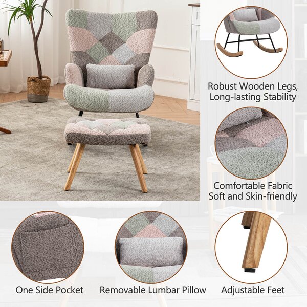 Footstool Armchair Rocking Chair with Soft Pillow and Side Pocket, Wingback Accent Recliner Chair with Footrest, 68x83x91 cm, Blue+Grey Aosom.UK