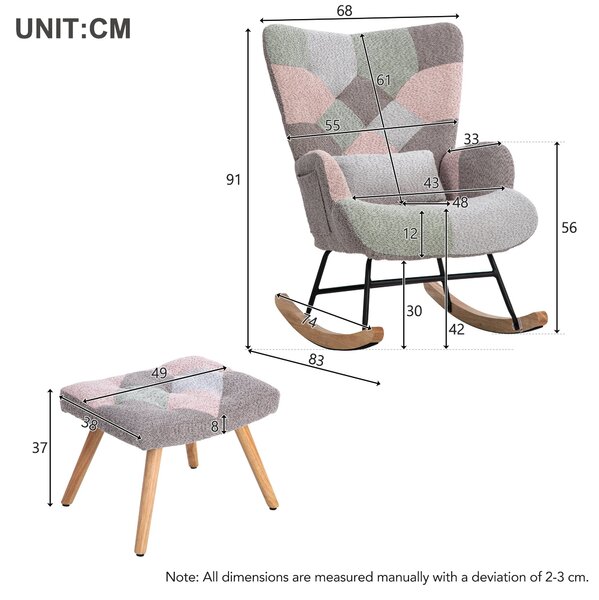 Footstool Armchair Rocking Chair with Soft Pillow and Side Pocket, Wingback Accent Recliner Chair with Footrest, 68x83x91 cm, Blue+Grey Aosom.UK