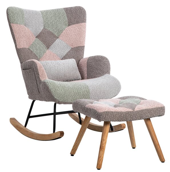 Footstool Armchair Rocking Chair with Soft Pillow and Side Pocket, Wingback Accent Recliner Chair with Footrest, 68x83x91 cm, Blue+Grey Aosom.UK