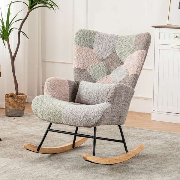 Footstool Armchair Rocking Chair with Soft Pillow and Side Pocket, Wingback Accent Recliner Chair with Footrest, 68x83x91 cm, Blue+Grey Aosom.UK