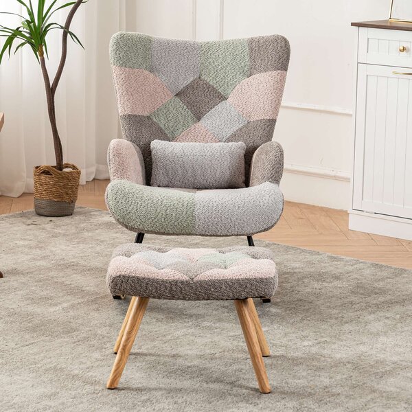 Footstool Armchair Rocking Chair with Soft Pillow and Side Pocket, Wingback Accent Recliner Chair with Footrest, 68x83x91 cm, Blue+Grey Aosom.UK